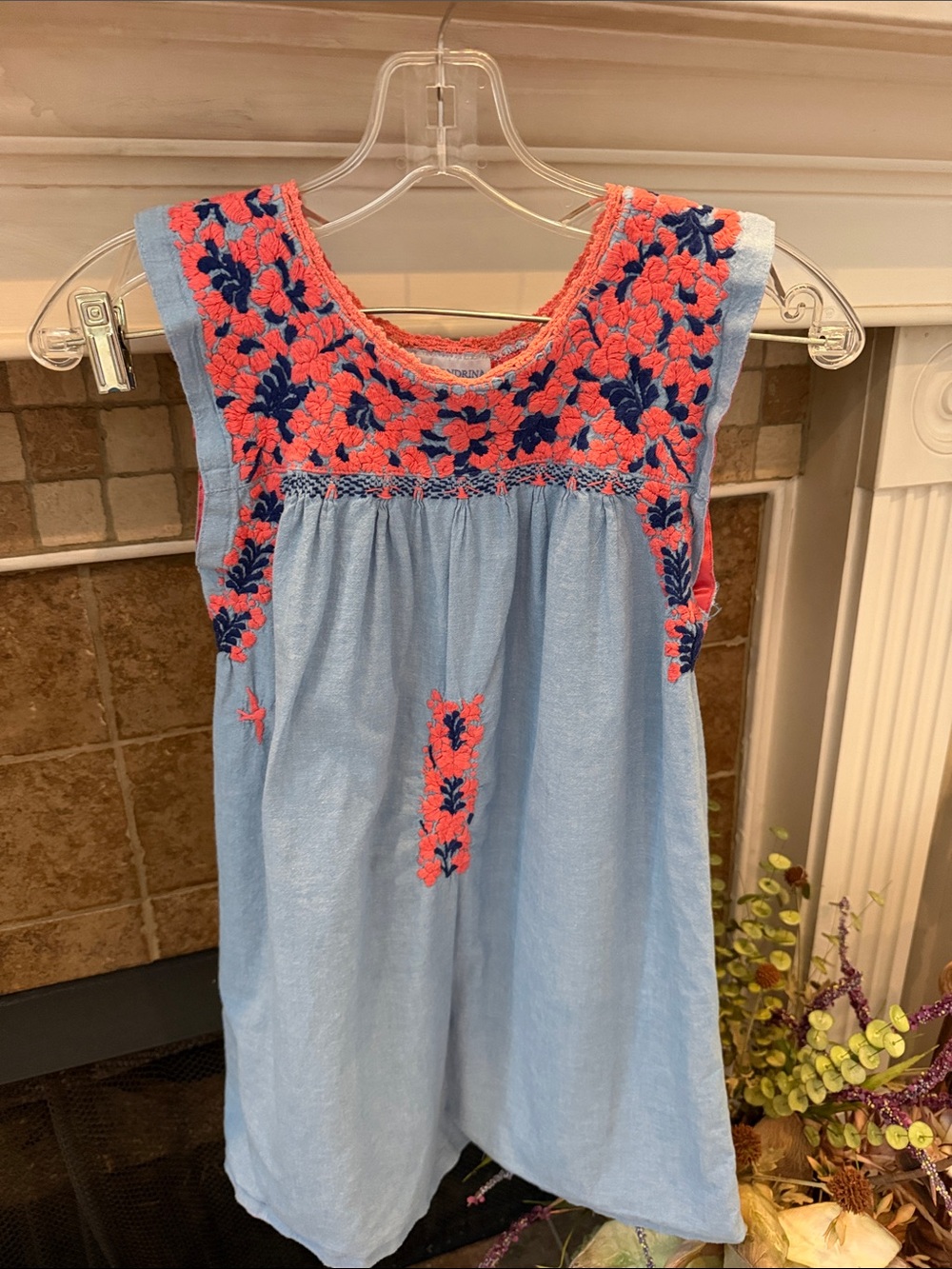 Mi Golondrina girls dress Chambray/navy/coral sz 10